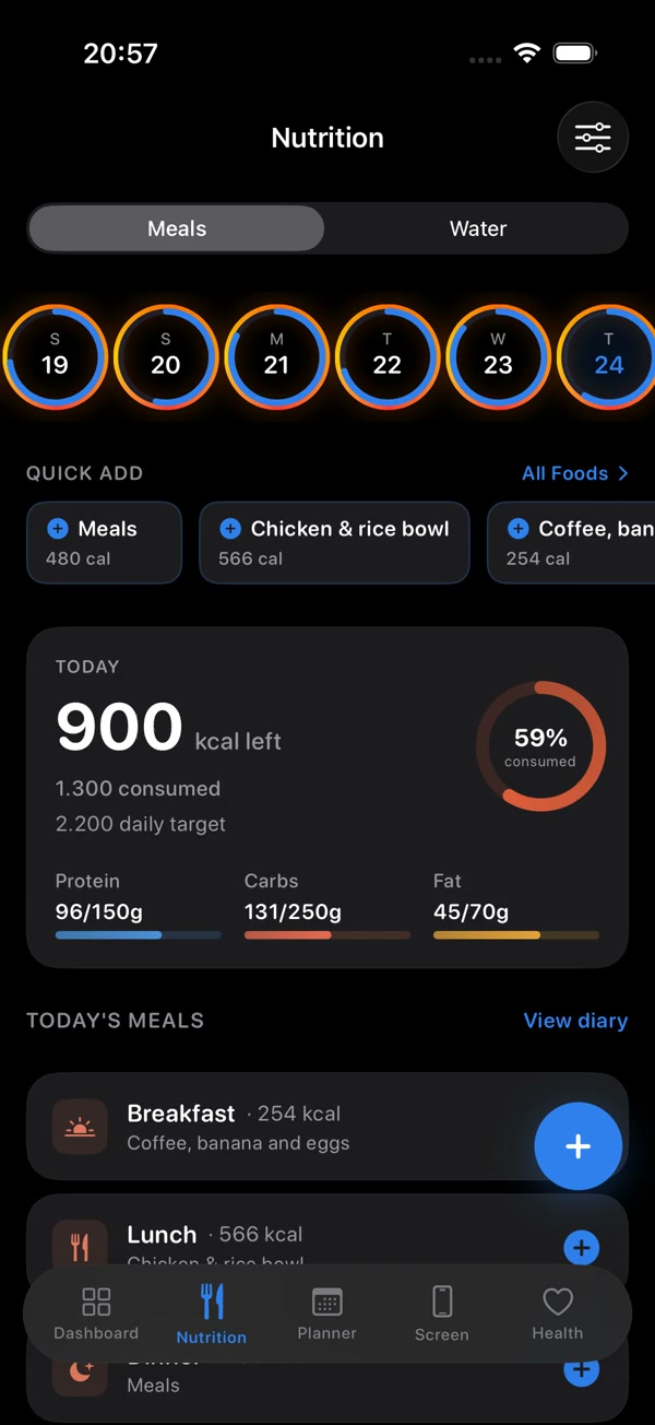 Omnia nutrition diary with meals and daily macros